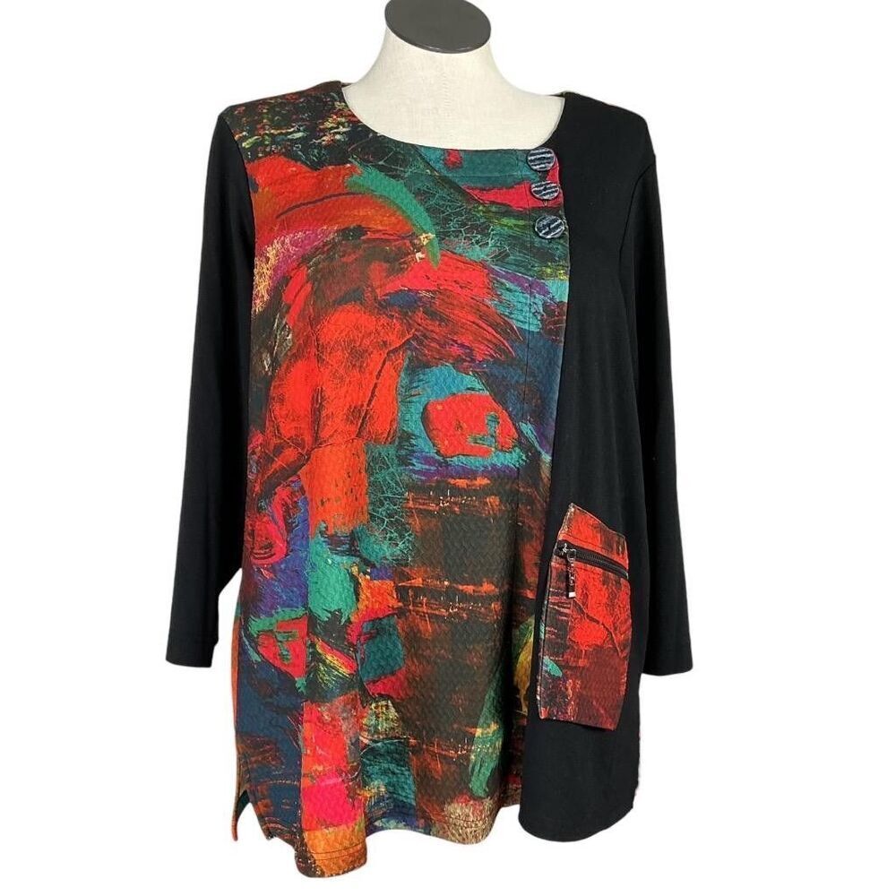 Ali Miles Top Women 1X Black Multicolor Abstract Zip Pocket Lagenlook Tunic